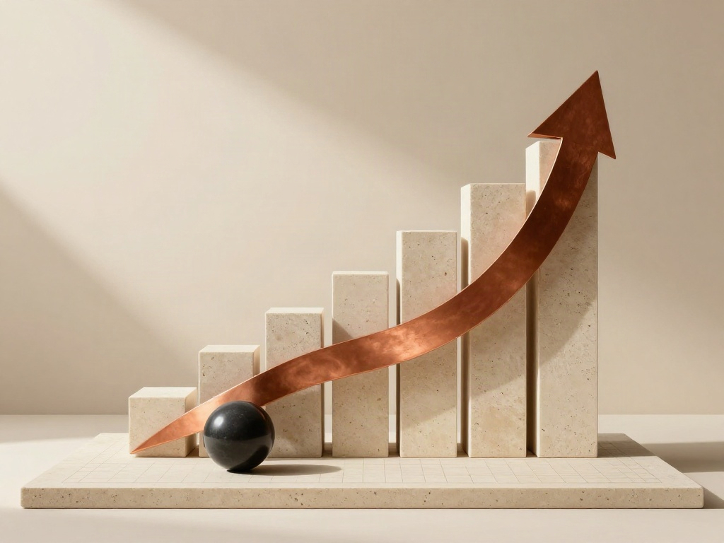 Copper growth arrow rising over sculptural stone columns, representing a clear path from data to business growth